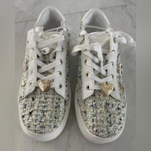 Karl Lagerfeld White and Gold Sneakers with Chic Tweed Design